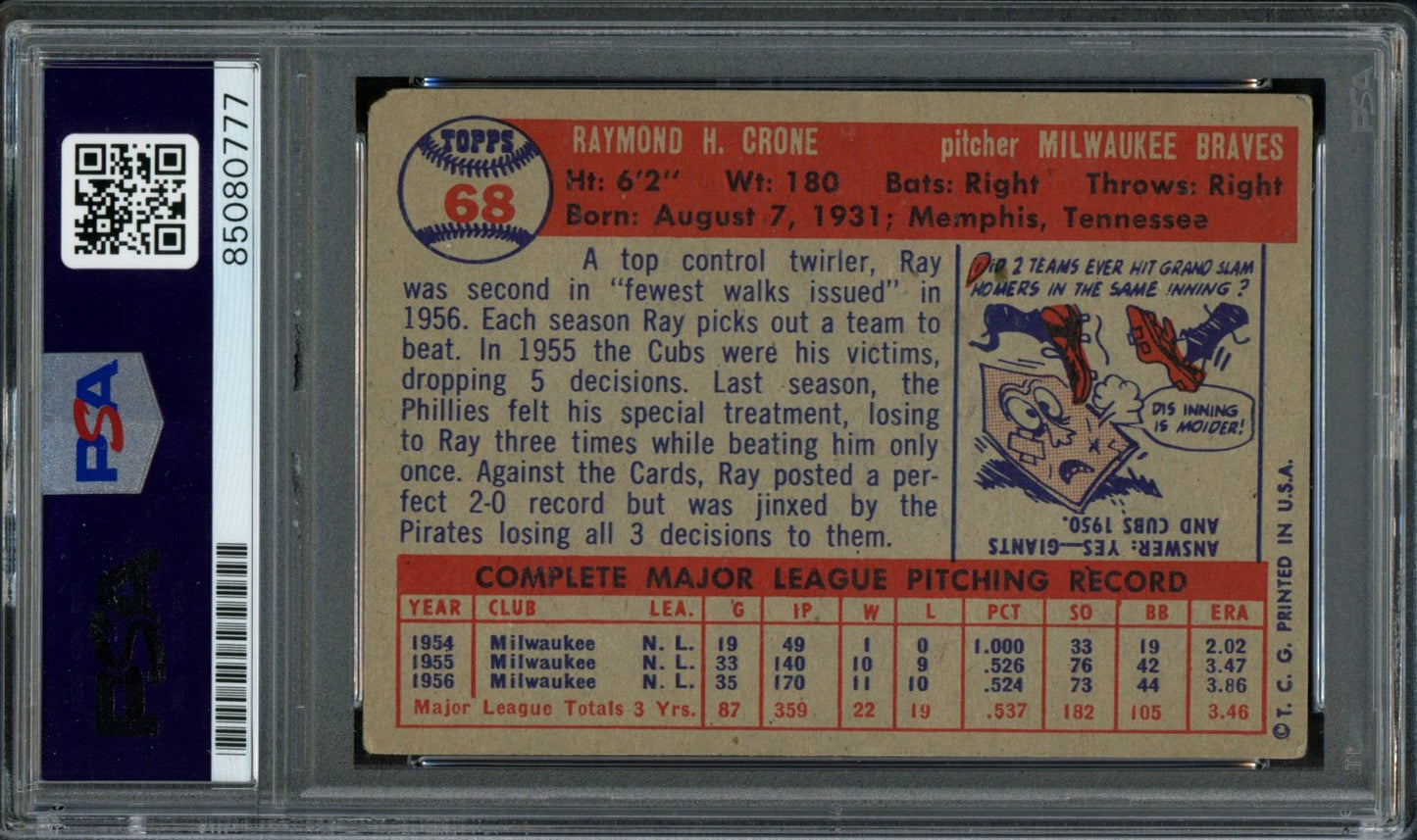 Ray Crone Signed 1957 Topps Card #68 New York Giants PSA/DNA 184144
