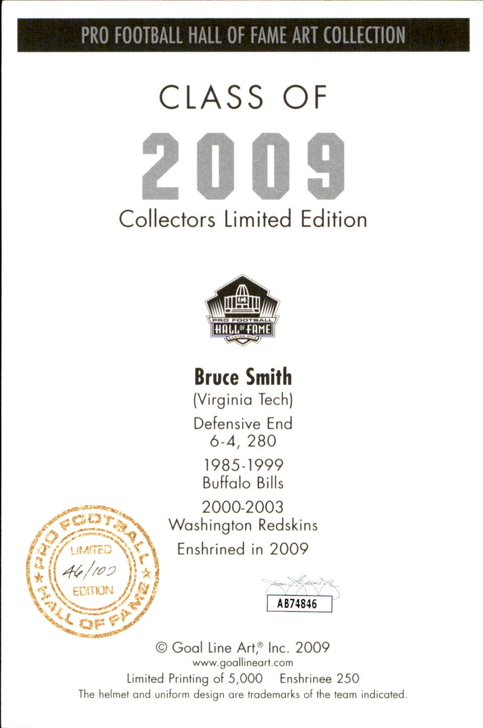 Bruce Smith HOF Autographed Goal Line Art GLAC Postcard LE 46/100 Bills JSA