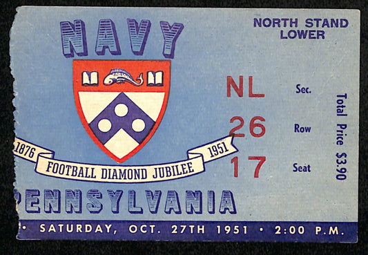 October 27, 1951 Navy vs Penn Quakers College Football Game Ticket Stub 189897