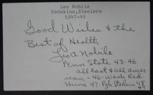 Leo Nobile Penn State Nittany Lions/Redskins/Steelers Signed 3x5 Card 145406