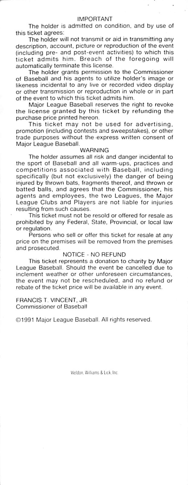 1991 MLB All-Star Game Home Run Derby Full Ticket Skydome, Toronto 181214