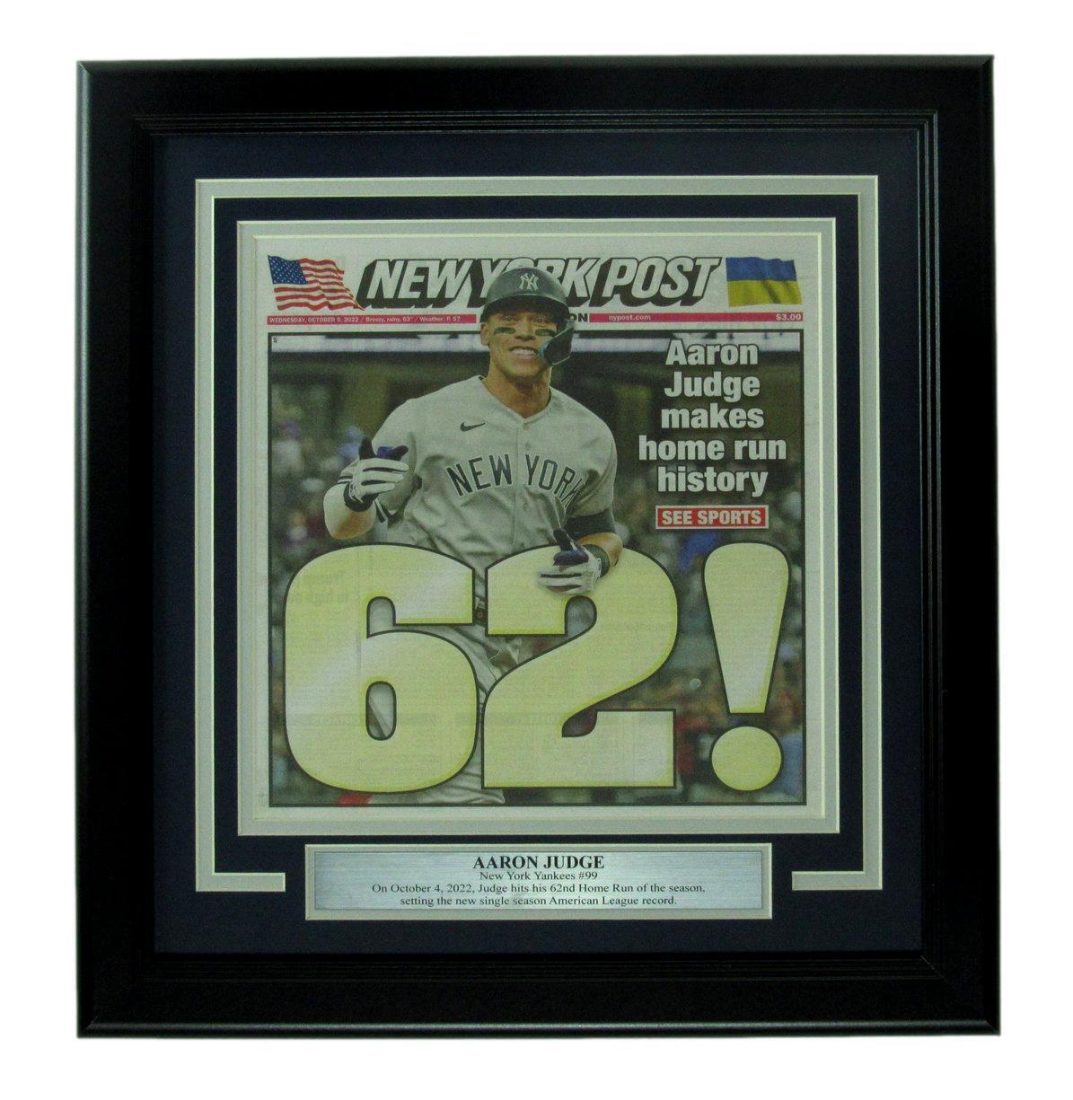 Aaron Judge October 5, 2022 New York Post Newspaper 62nd Home Run Framed
