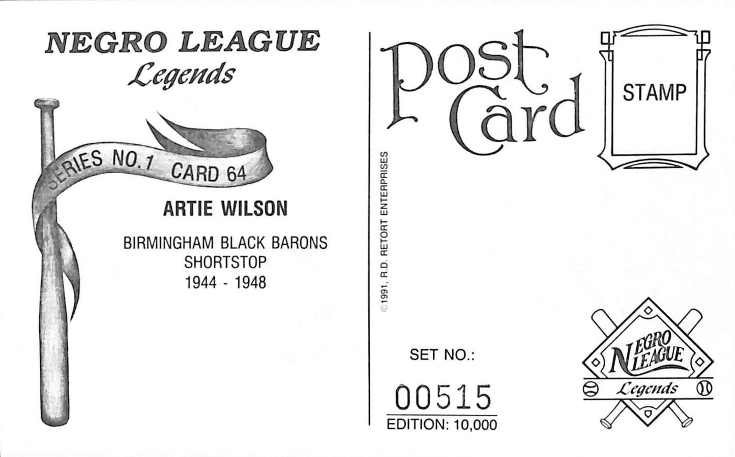 Artie Wilson Signed Negro League - Black Barons 1991 R.D Retort Post Card 181292