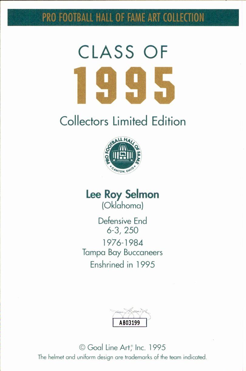 Lee Roy Selmon Buccaneers Signed/Inscr Goal Line Art GLAC Postcard JSA 167087
