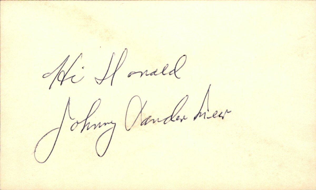 Johnny Vander Meer Cincinnati Reds d.1997 Signed/Auto 3x5 Index Card 162499