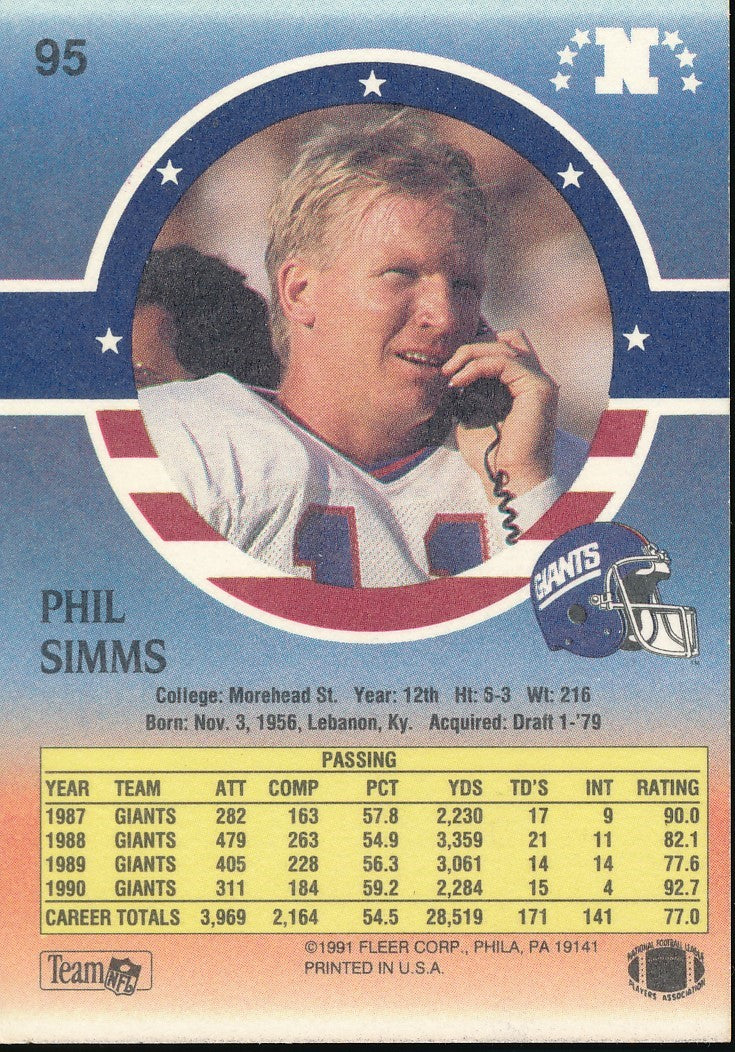 Phil Simms Signed/Auto 1991 Fleer Football Card #95 New York Giants 192284