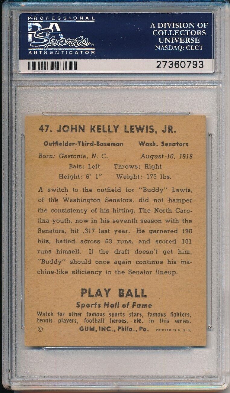 1941 Play Ball #47 Buddy Lewis Nationals Signed/Autographed PSA/DNA 149579