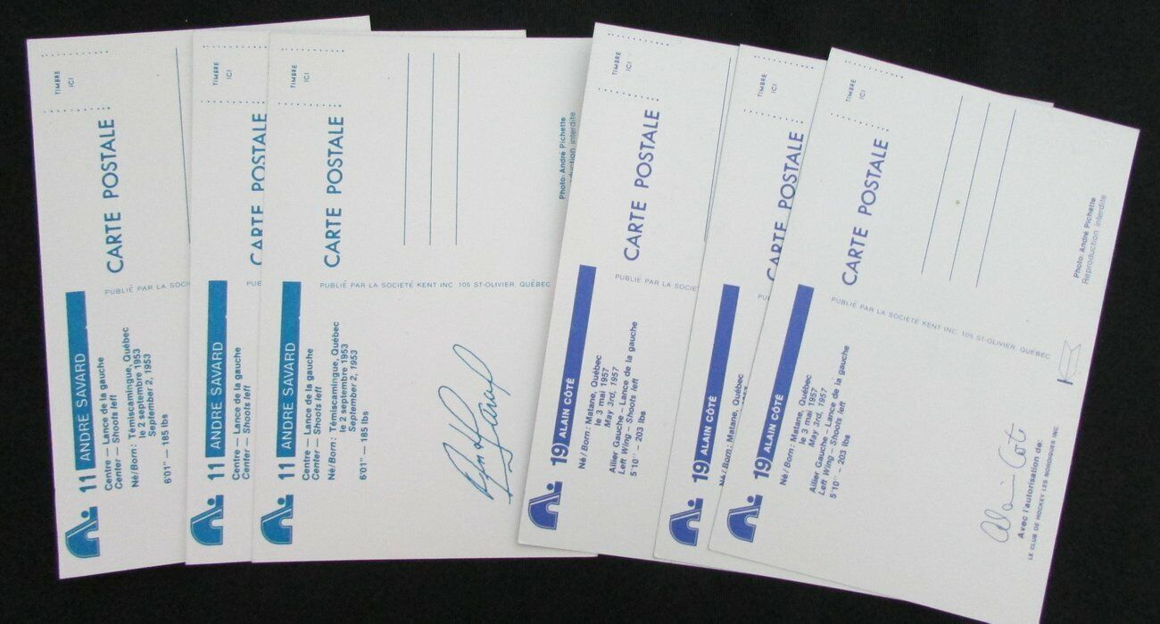 Lot of 6 Quebec Nordiques Auto/Signed 3.5x5.5 Team Postcards incl. Cote 150453