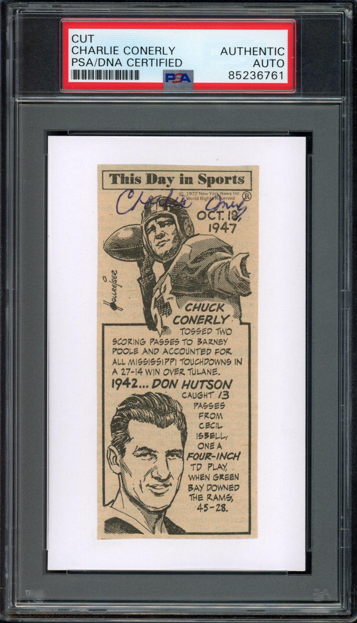 Charlie Conerly HOF Signed Cut Photo on 3x5 Card Giants PSA/DNA 188259