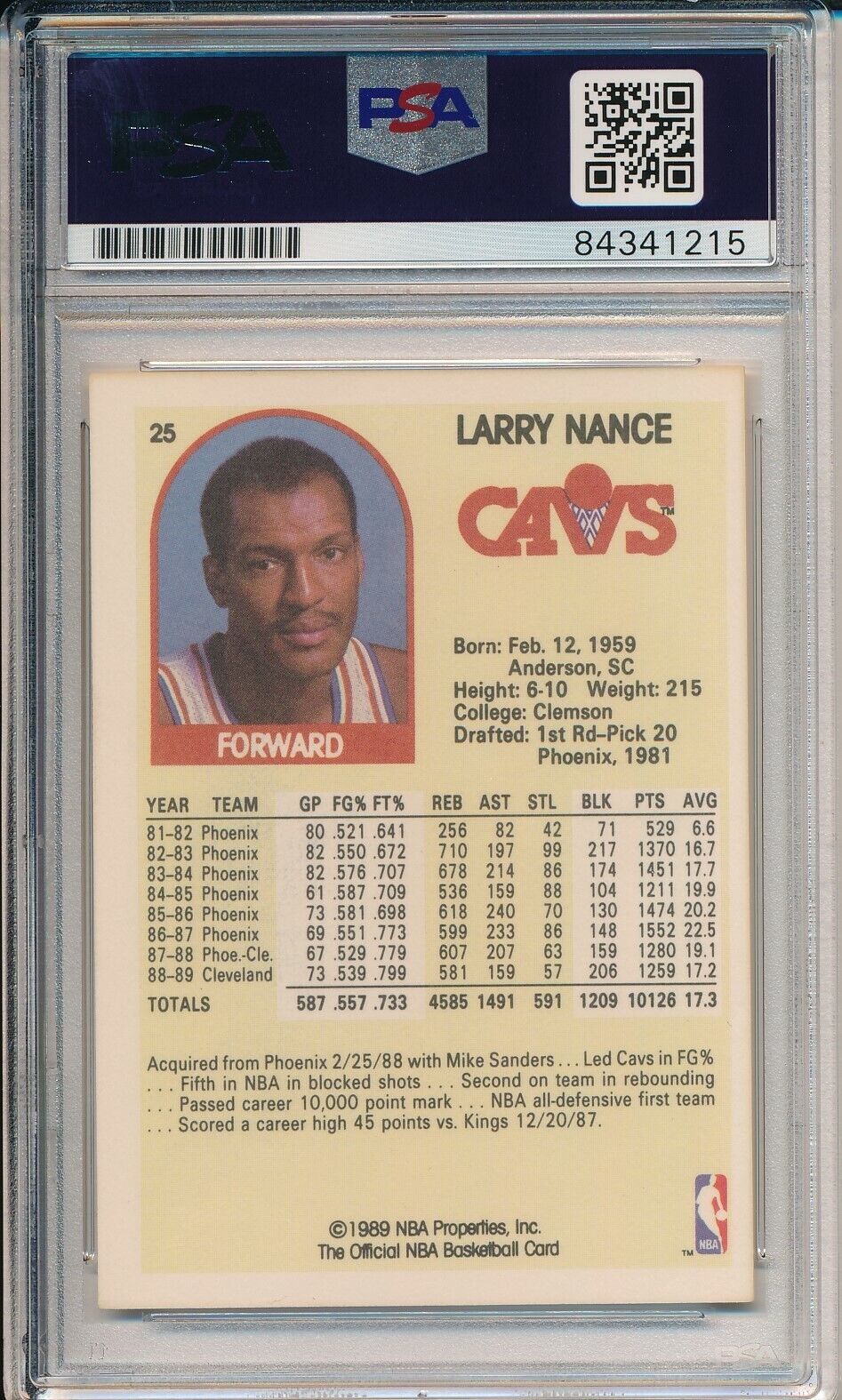 Larry Nance Cleveland Cavaliers Signed 1989 Hoops Card #25 PSA/DNA 163517