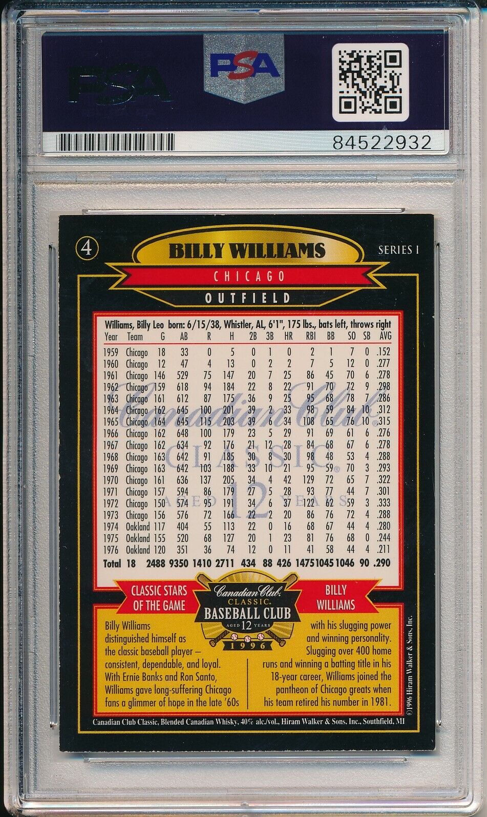 Billy Williams Chicago Cubs Signed 1996 Canadian Club Card #4 PSA/DNA 166245