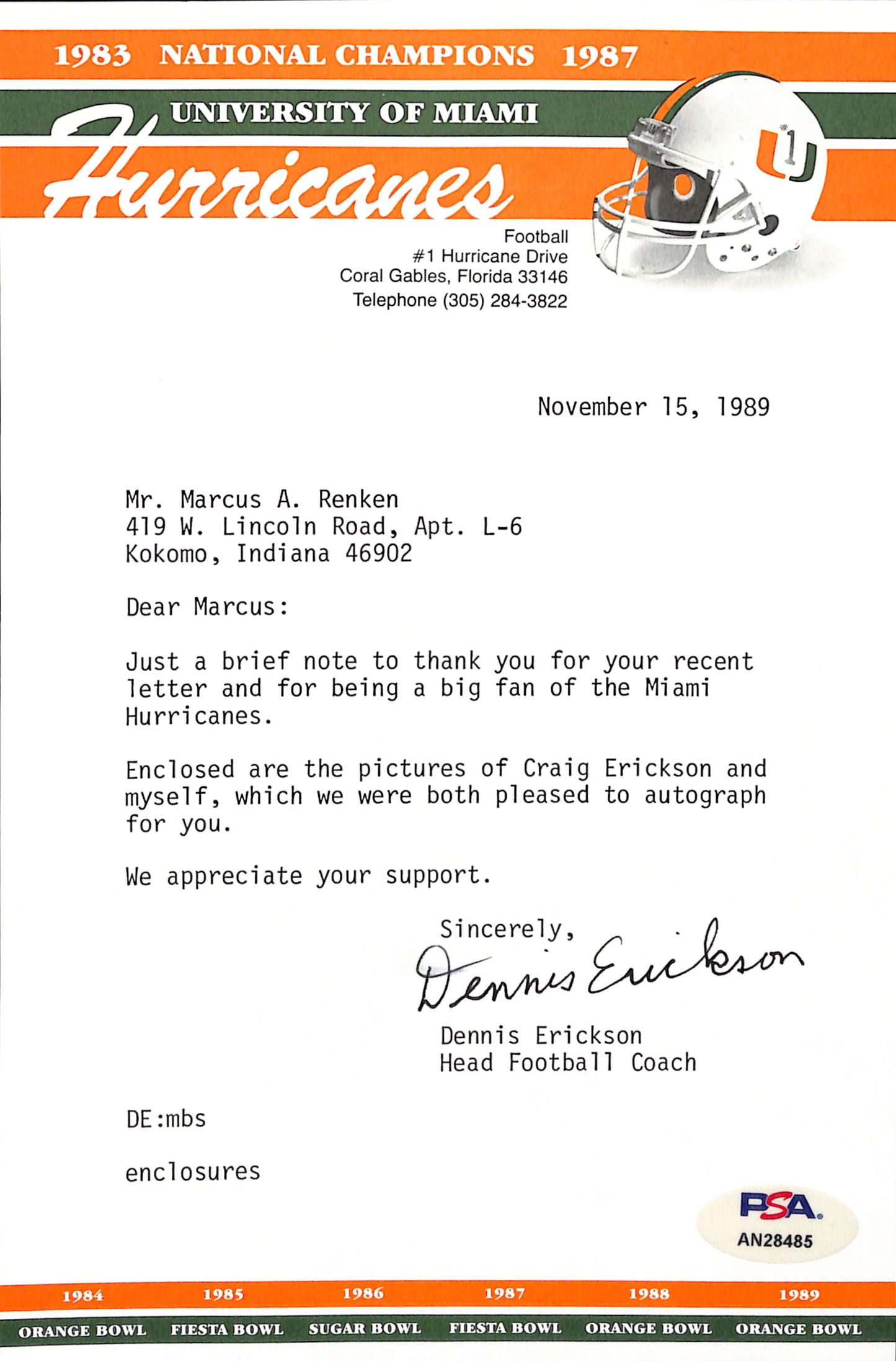 Dennis Erickson CFB HOF Signed TLS Letter University of Miami PSA/DNA 185112