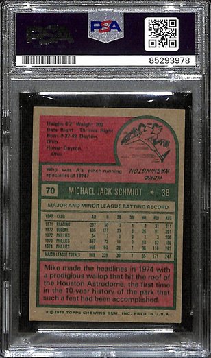 1975 Topps Mike Schmidt Phillies #70 Card Signed PSA/DNA GEM MINT 10 187947