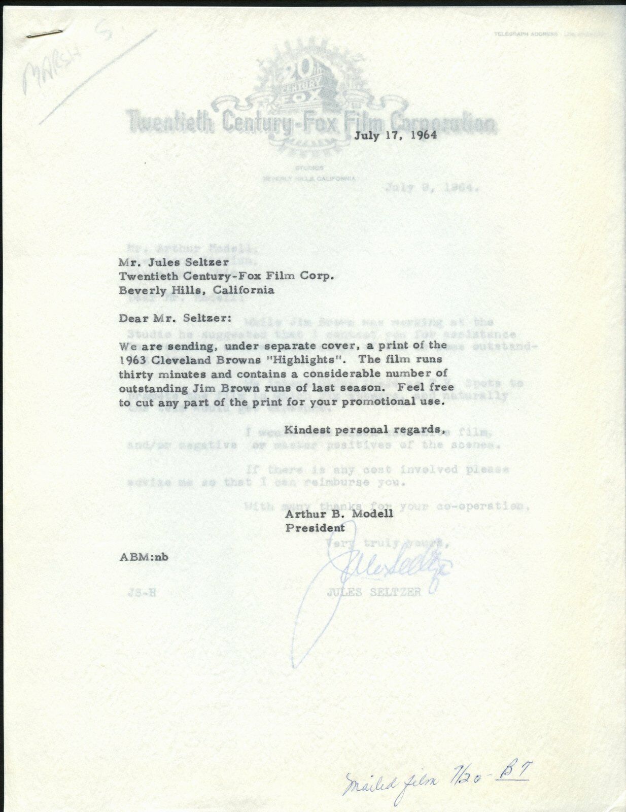 July 1964 letters(2)to and from Art Modell to 20th Century Fox 144993