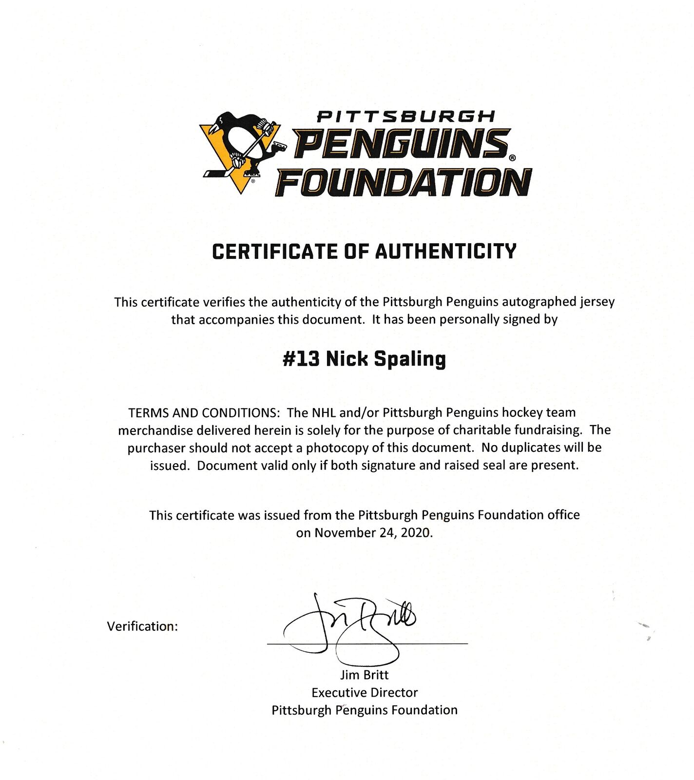 Nick Spaling Signed Penguins Reebok HockeyAuthentic Team Jersey Penguins 163111
