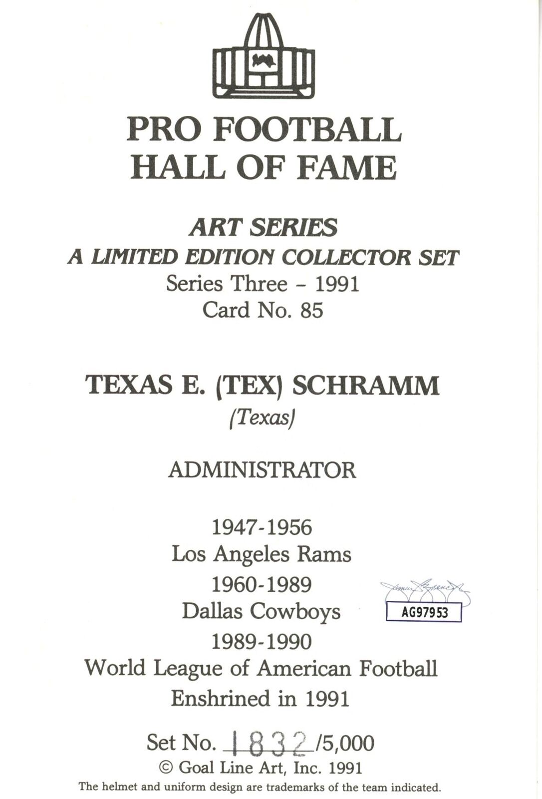 Texas E. "Tex" Schramm HOF Autographed Goal Line Art GLAC Postcard Cowboys JSA