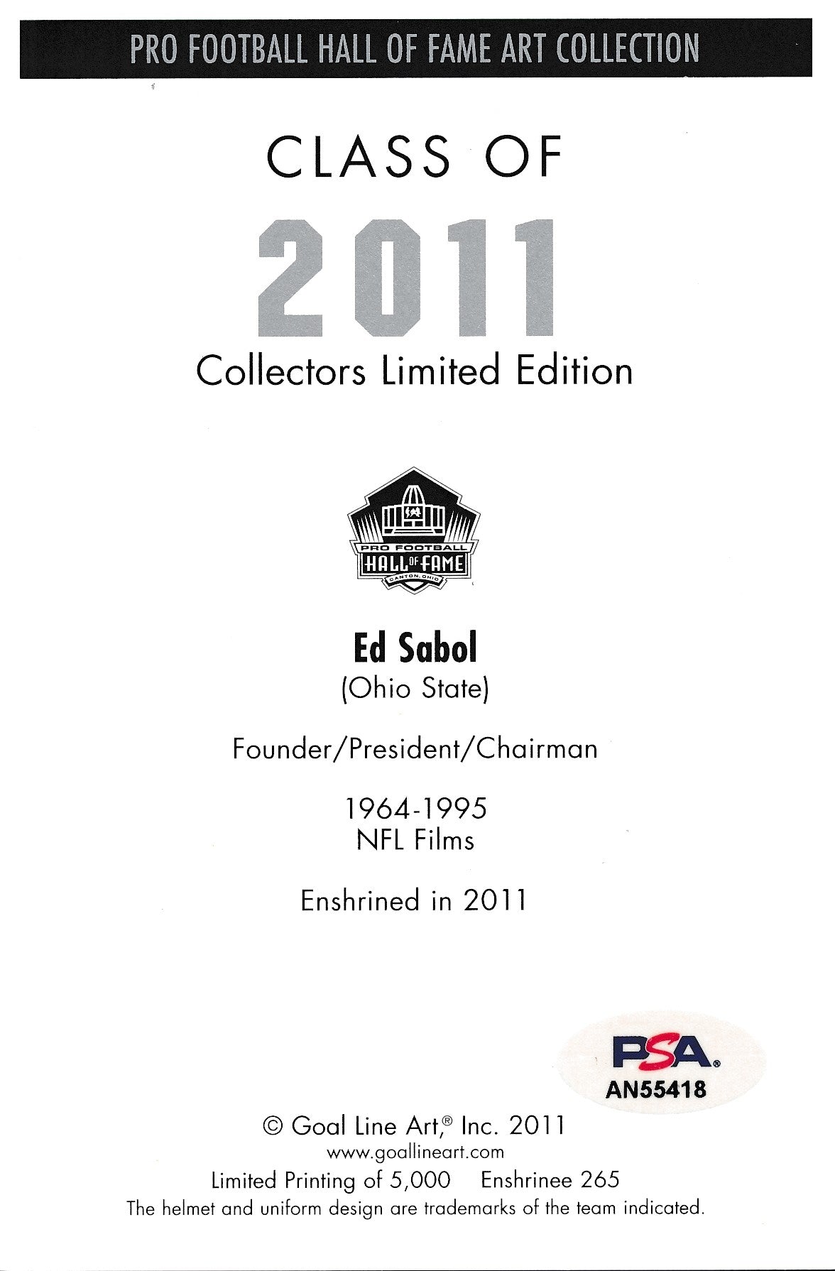Ed Sabol NFL Films Signed 2011 GLAC/Goal Line Art Postcard PSA/DNA 186325