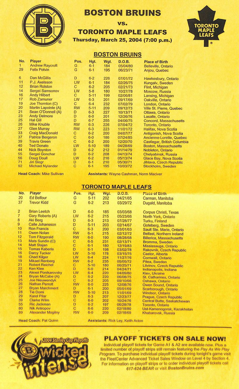 March 25 2004 Boston Bruins vs Toronto Maple Leafs Offical Game Program 182033