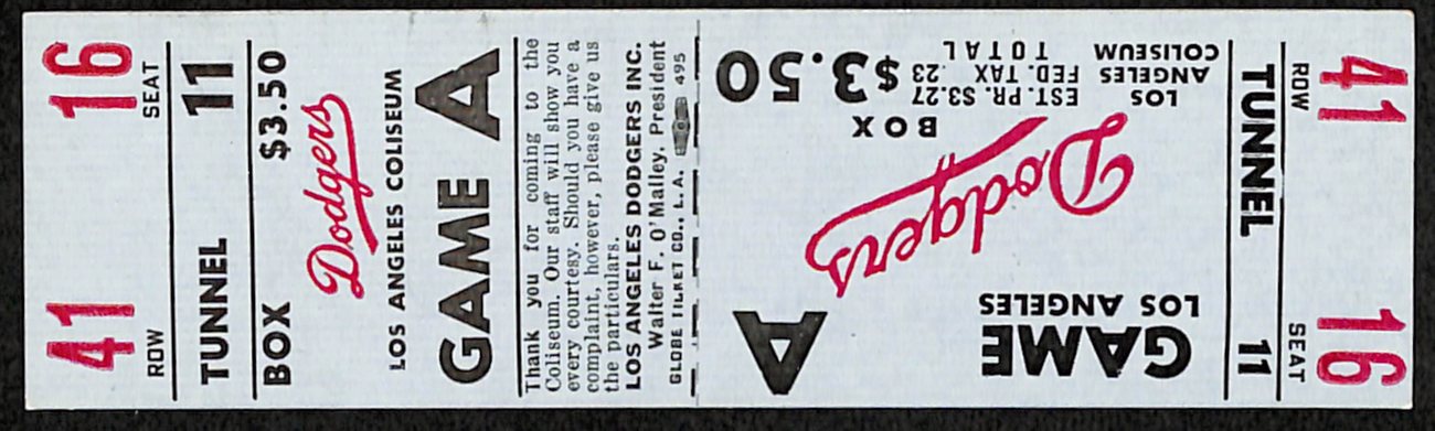 Vintage 1959 NL Tie Breaker Full Ticket Dodgers 9/29/1959 Game 2 Clincher 187523