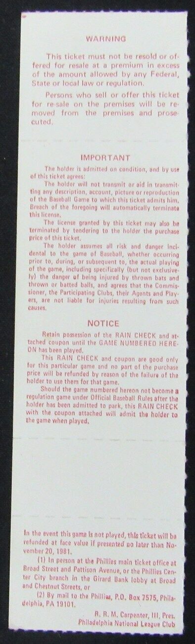 1981 NL Division Series Game 4 Phillies vs. Expos Full ticket Veterans Stadium