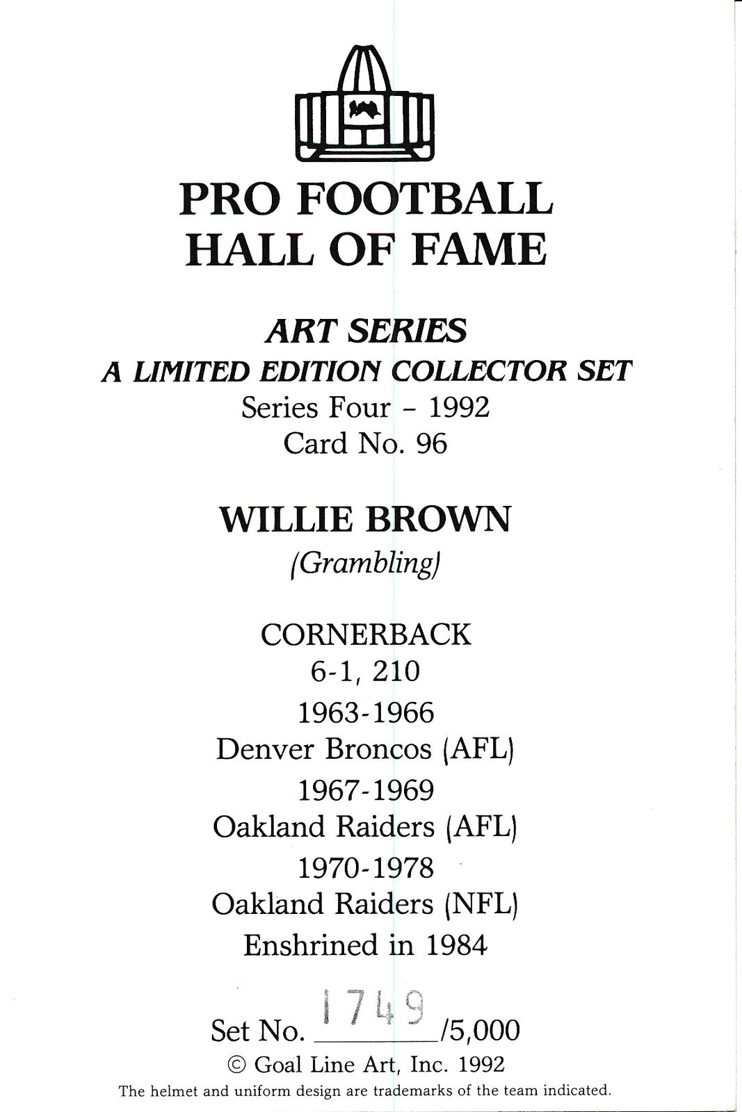 Willie Brown HOF Raiders Signed/Inscribed Goal Line Art GLAC Postcard 163845
