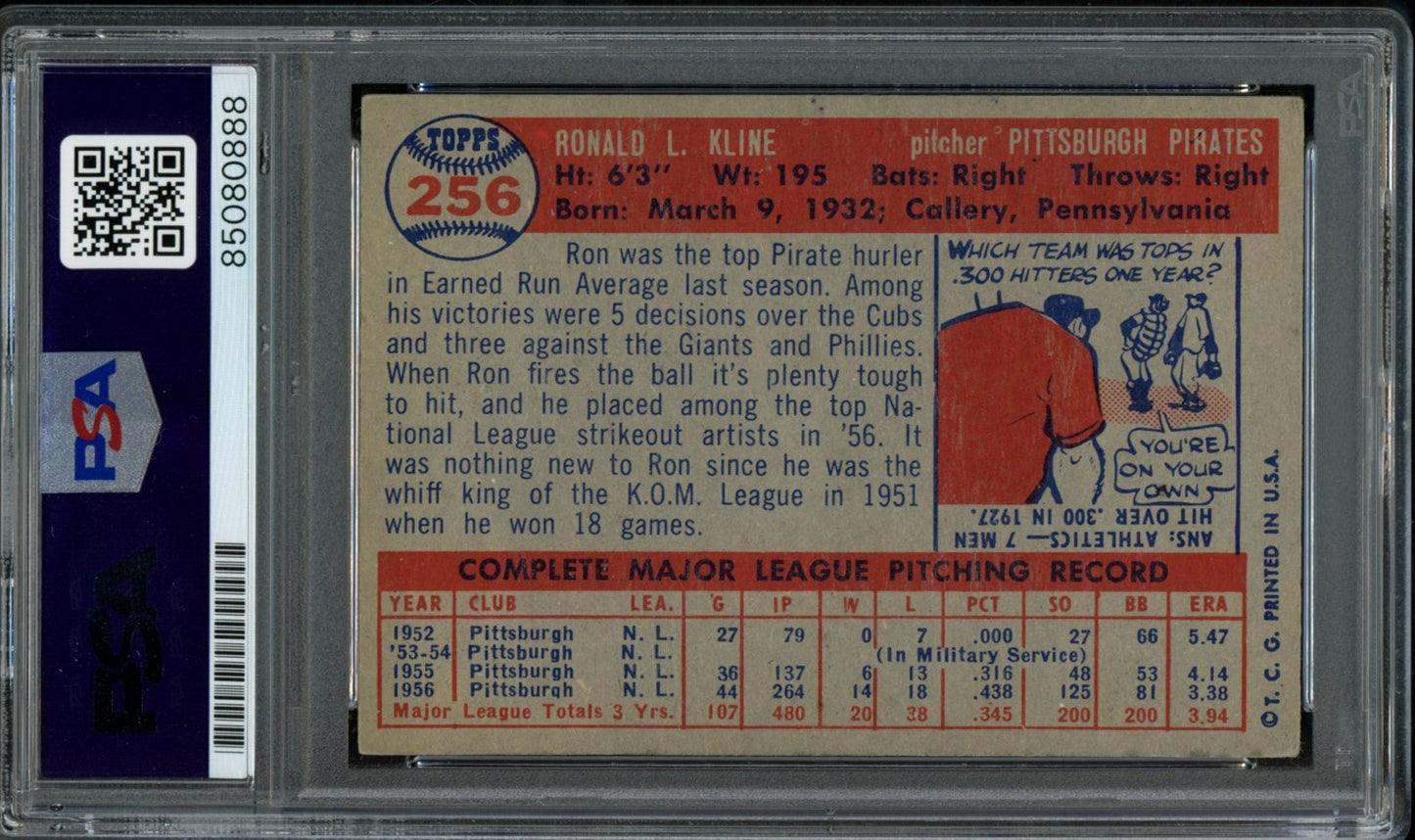 Ron Kline Signed 1957 Topps Trading Card #256 Pirates PSA/DNA 184002
