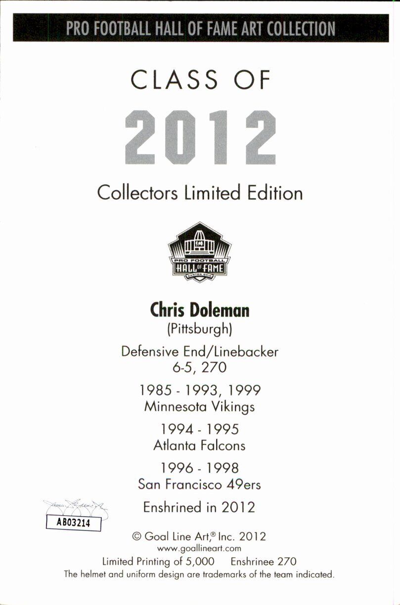 Chris Doleman HOF Vikings Signed/Inscr Goal Line Art GLAC Postcard JSA 167103