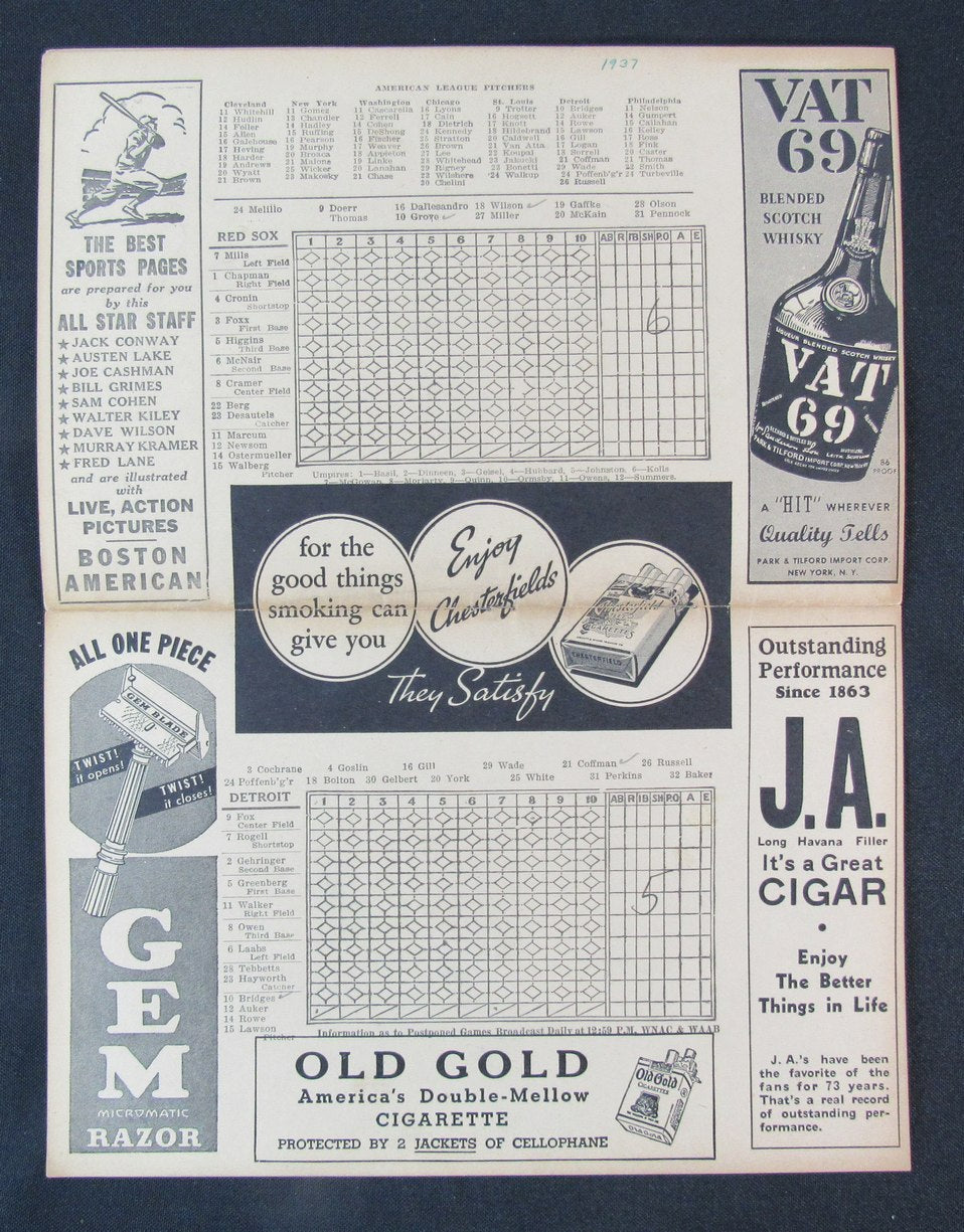 1937 Boston Red Sox vs. Detroit Tigers Program/Scorecard
