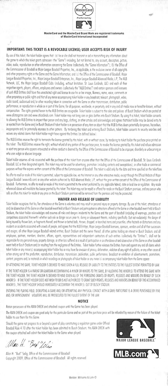 2009 MLB All-Star Game Full Ticket Busch Stadium, St. Louis, MO 181219