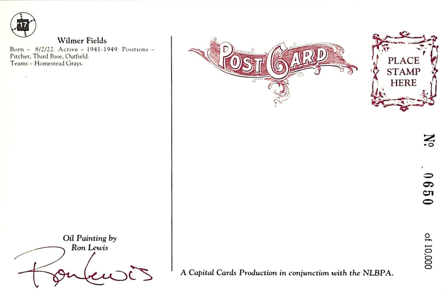 Wilmer Fields Signed Negro League - Homestead Grays Ron Lewis Post Card 181264