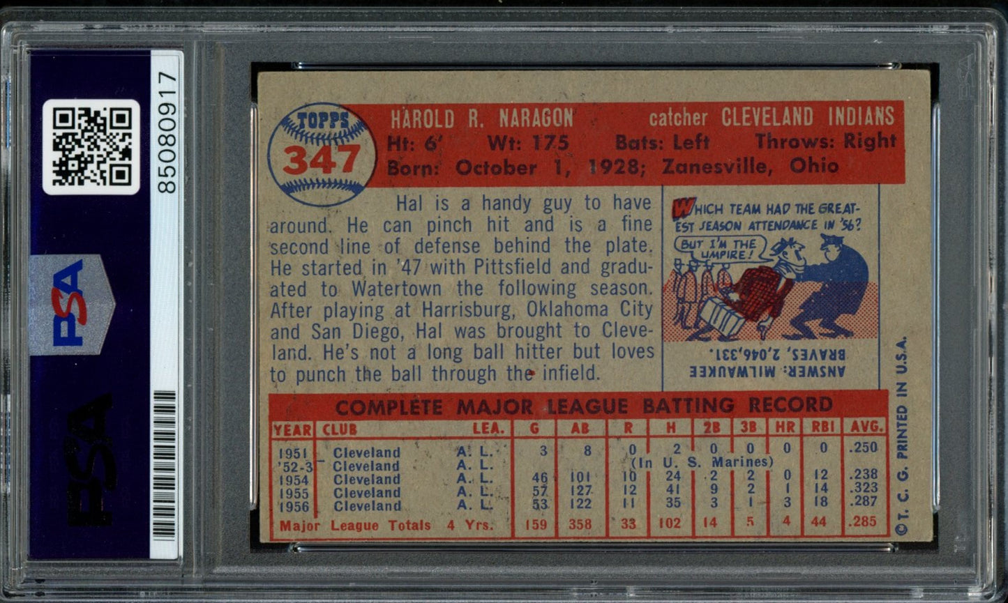 1957 TOPPS Hal Naragon #347 Auth Card Signed Cleveland Indians PSA/DNA 184092