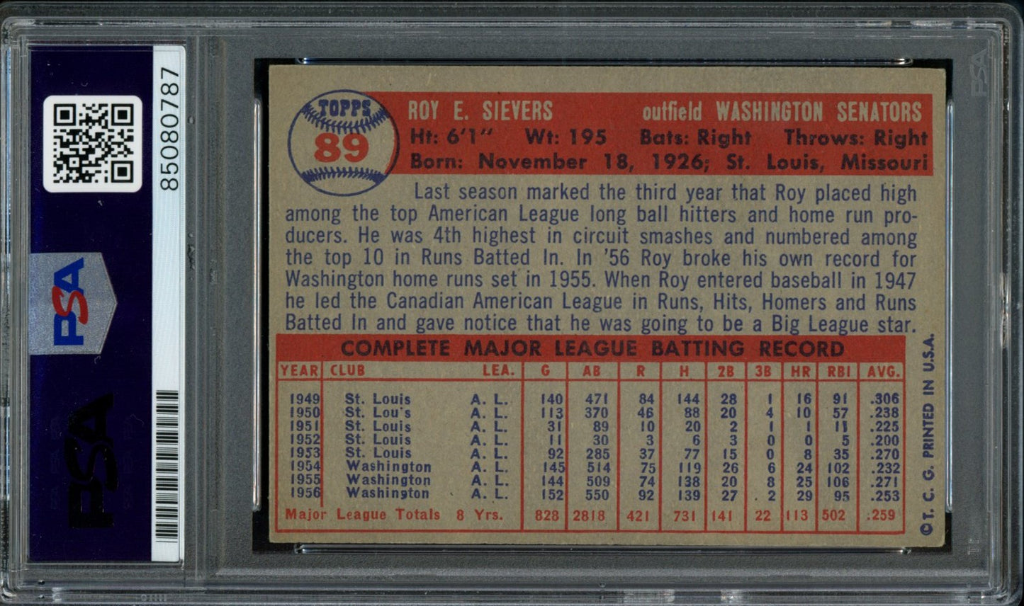 1957 TOPPS Roy Sievers #89 Auth Card Signed Senators PSA/DNA 184118
