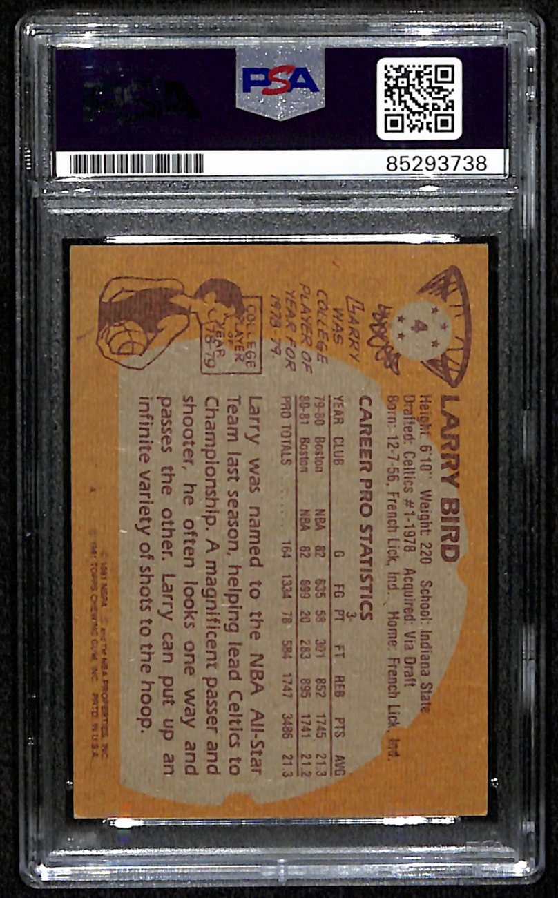 Larry Bird HOF Signed/Autographed 1981 Topps Card #4 Celtics PSA/DNA 190692
