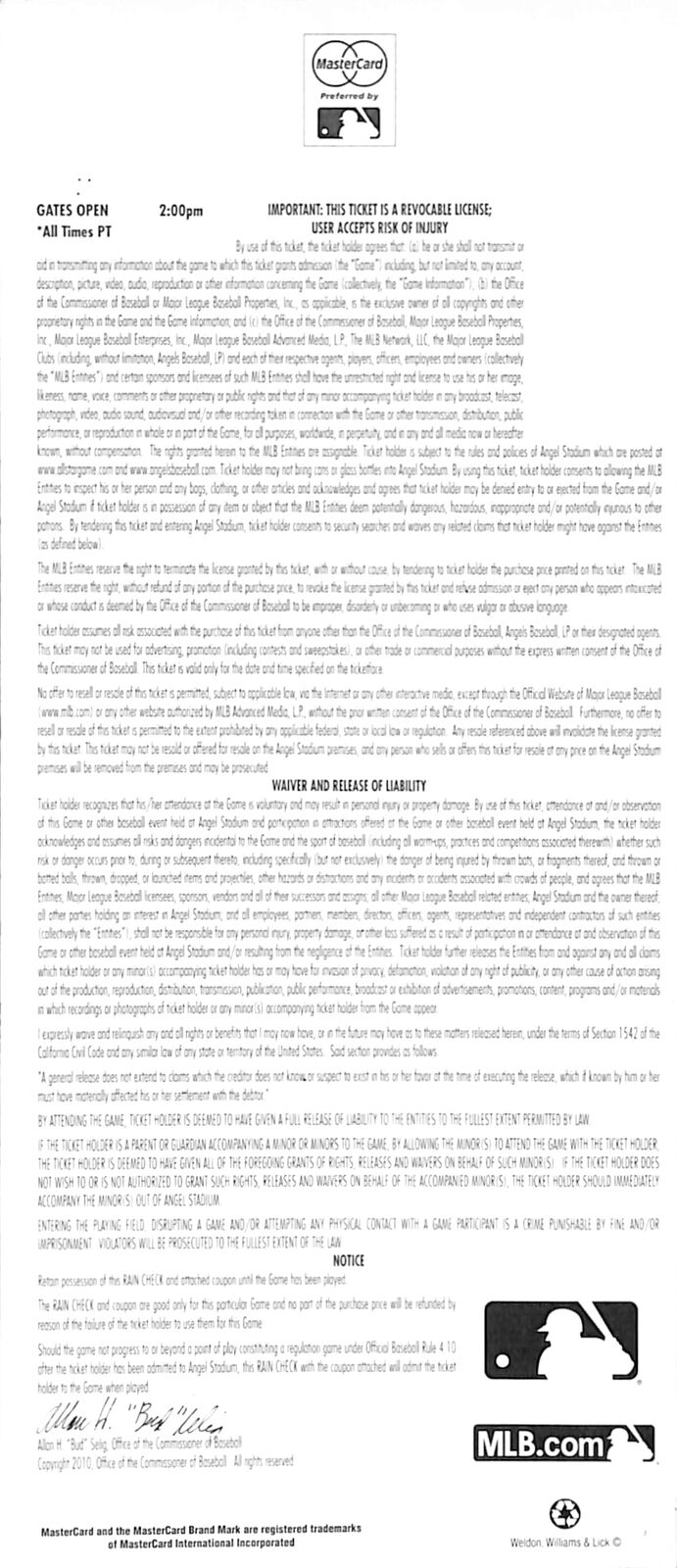 2010 MLB All-Star Game Full Ticket Angel Stadium, Anaheim, CA 181215