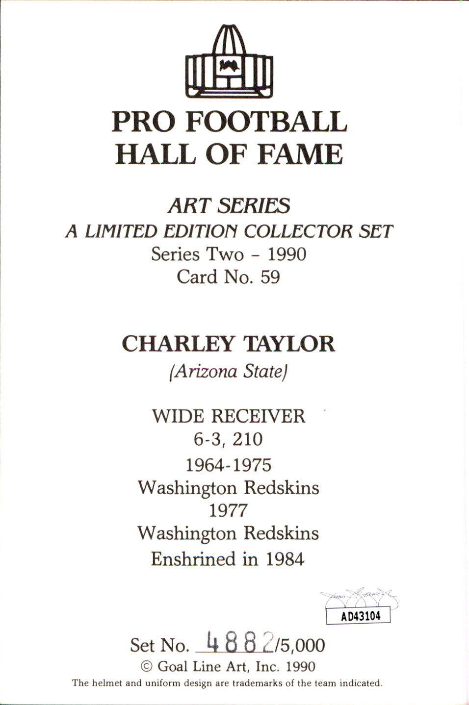 Charley Taylor HOF Autographed Goal Line Art GLAC Postcard Redskins JSA