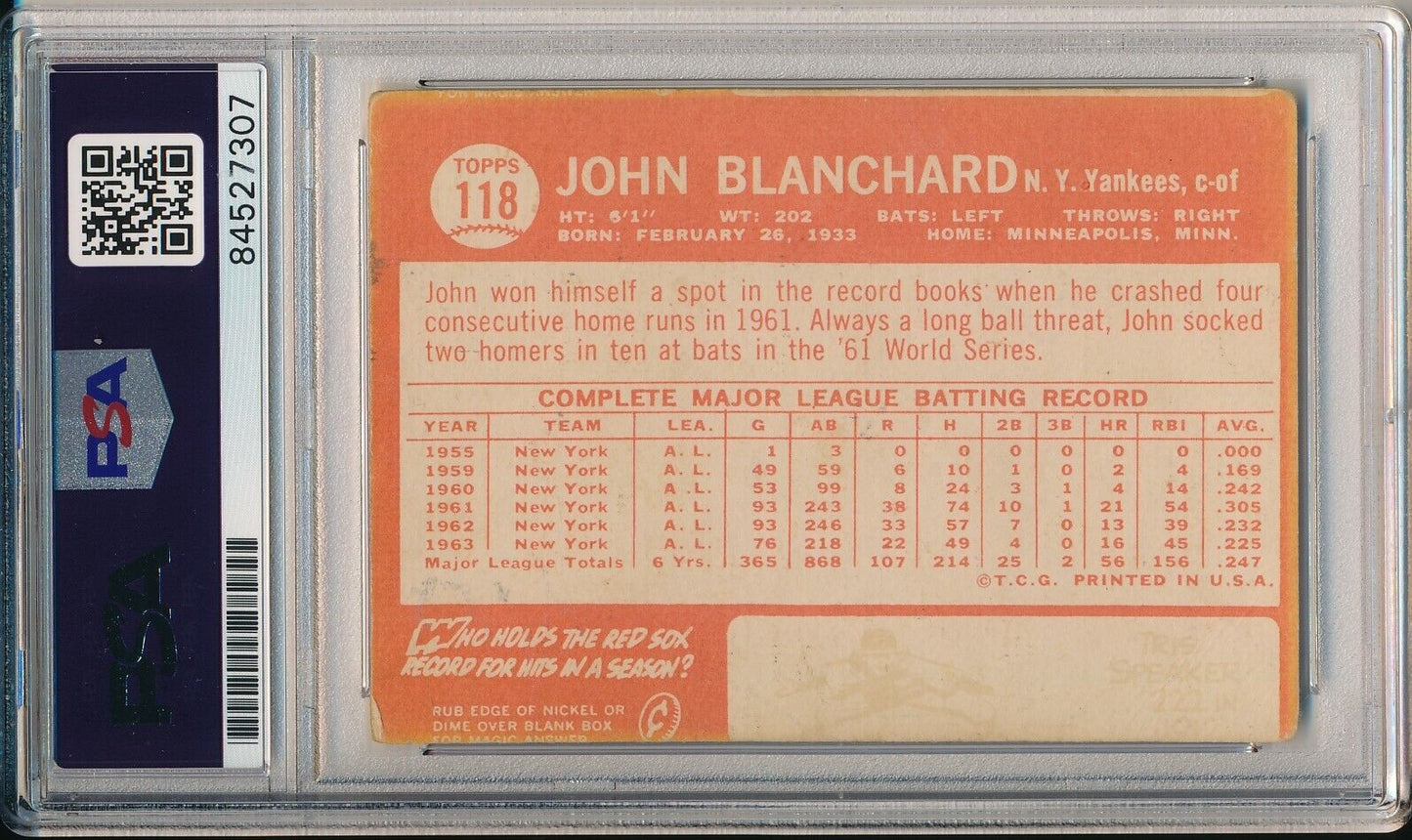 John Blanchard Yankees Signed/Autographed 1964 TOPPS Card #118 PSA/DNA 166516