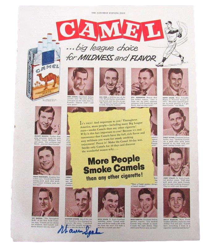Warren Spahn HOF Signed Vintage CAMEL Ad from the Saturday Evening Post 185014