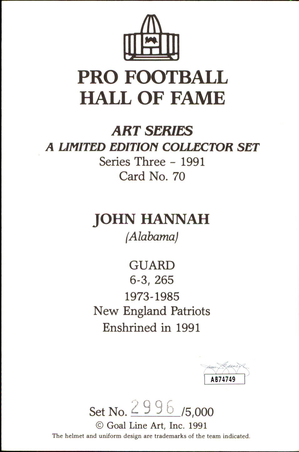 John Hannah HOF Autographed/Inscr Goal Line Art GLAC Postcard Patriots JSA