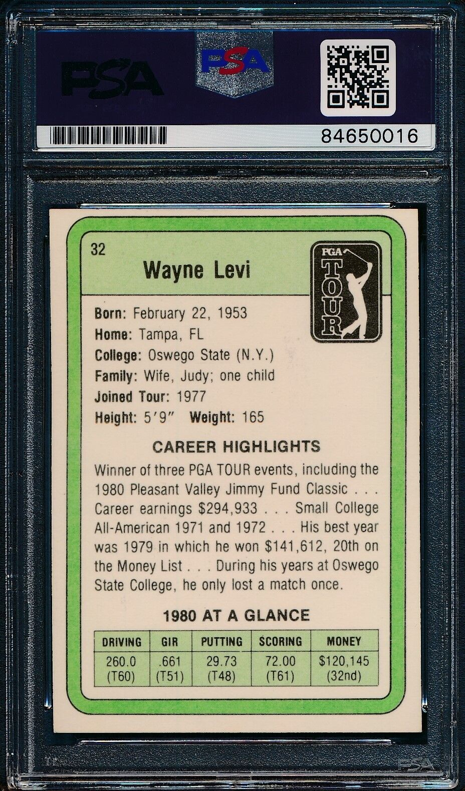 1981 DONRUSS PGA Wayne Levi #32 Authentic Card Signed PSA/DNA 176072