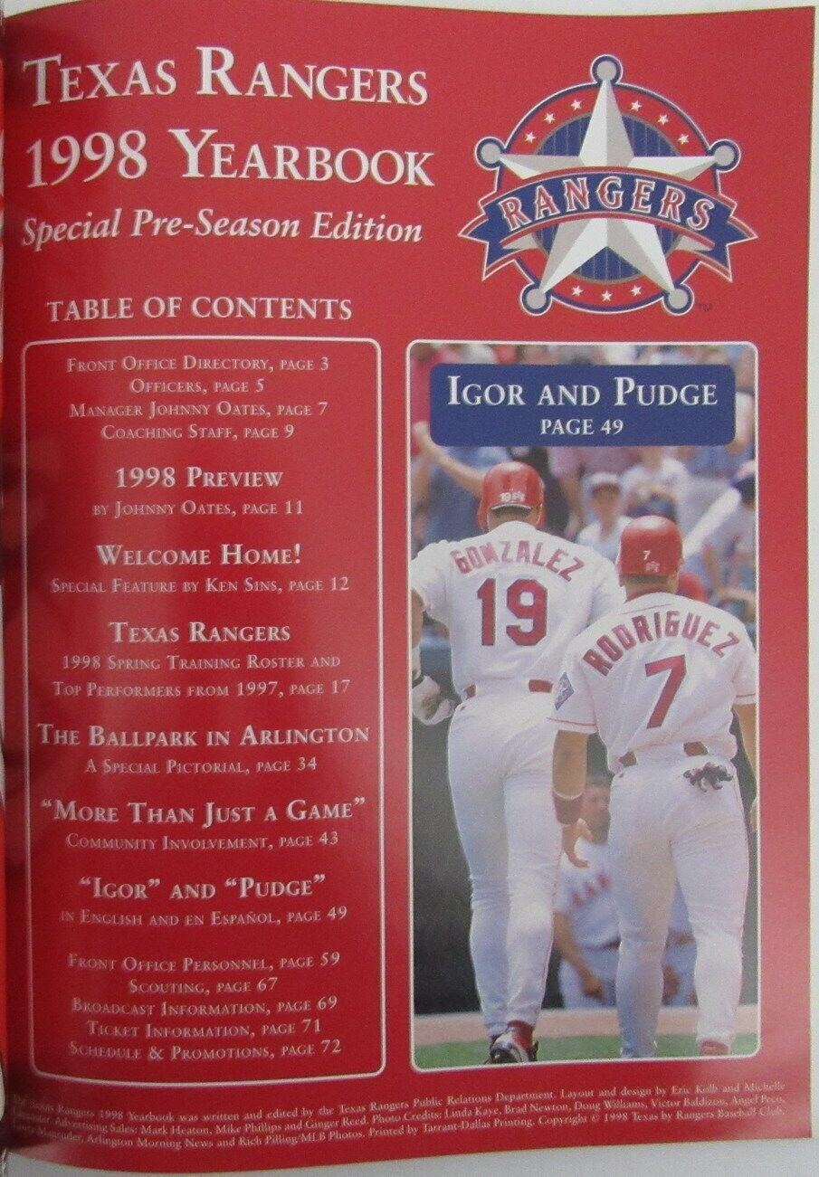 1998 Texas Rangers Yearbook with Juan Gonzalez & Ivan Rodriguez 165077