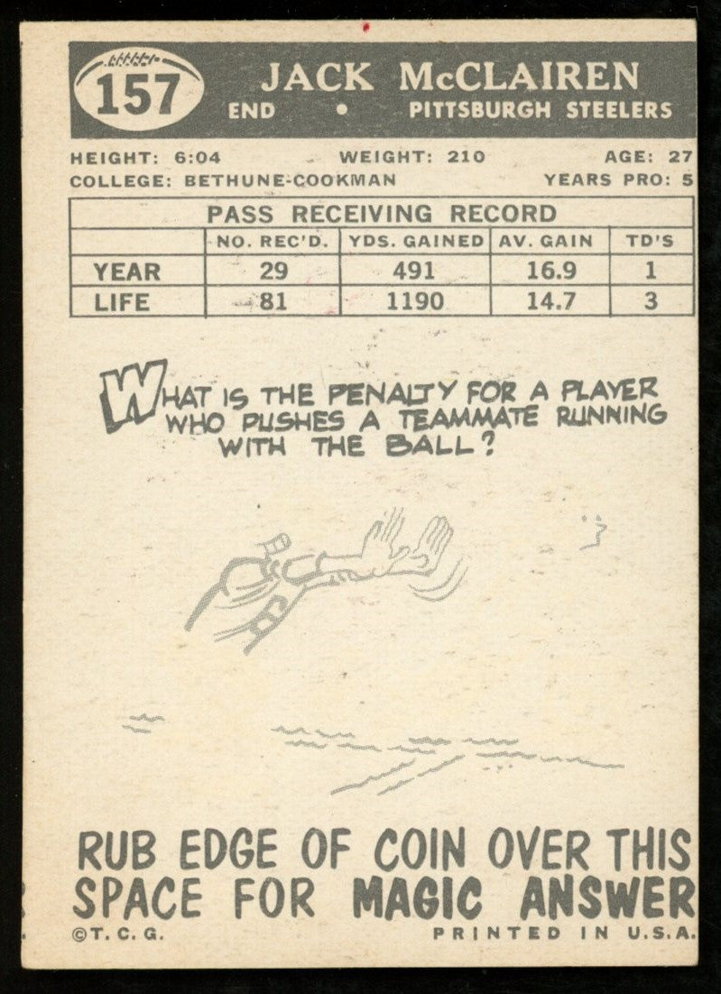 1959 TOPPS Football Card #157 Signed/Auto Jack McClairen Pittsburgh Steelers