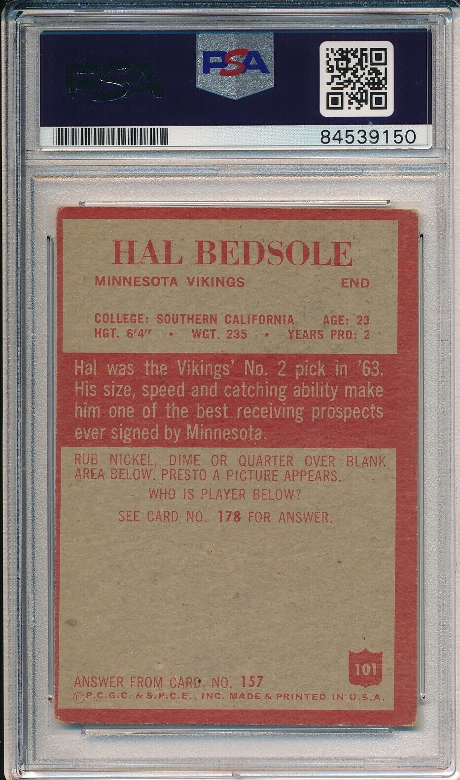Hal Bedsole Vikings Signed/Auto 1965 Philadelphia Card #101 PSA/DNA 166811