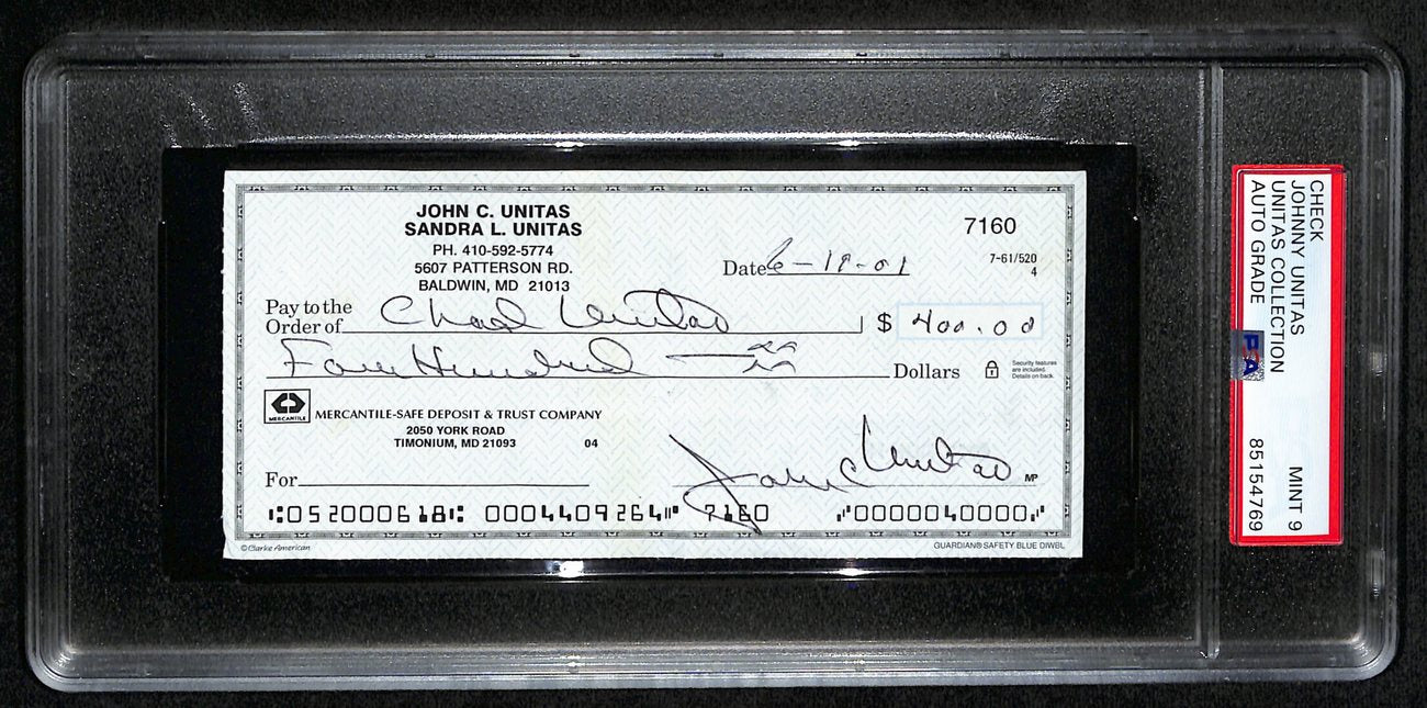 Johnny Unitas HOF Signed/Auto 2001 Bank Check Colts PSA/DNA MINT 9 192617