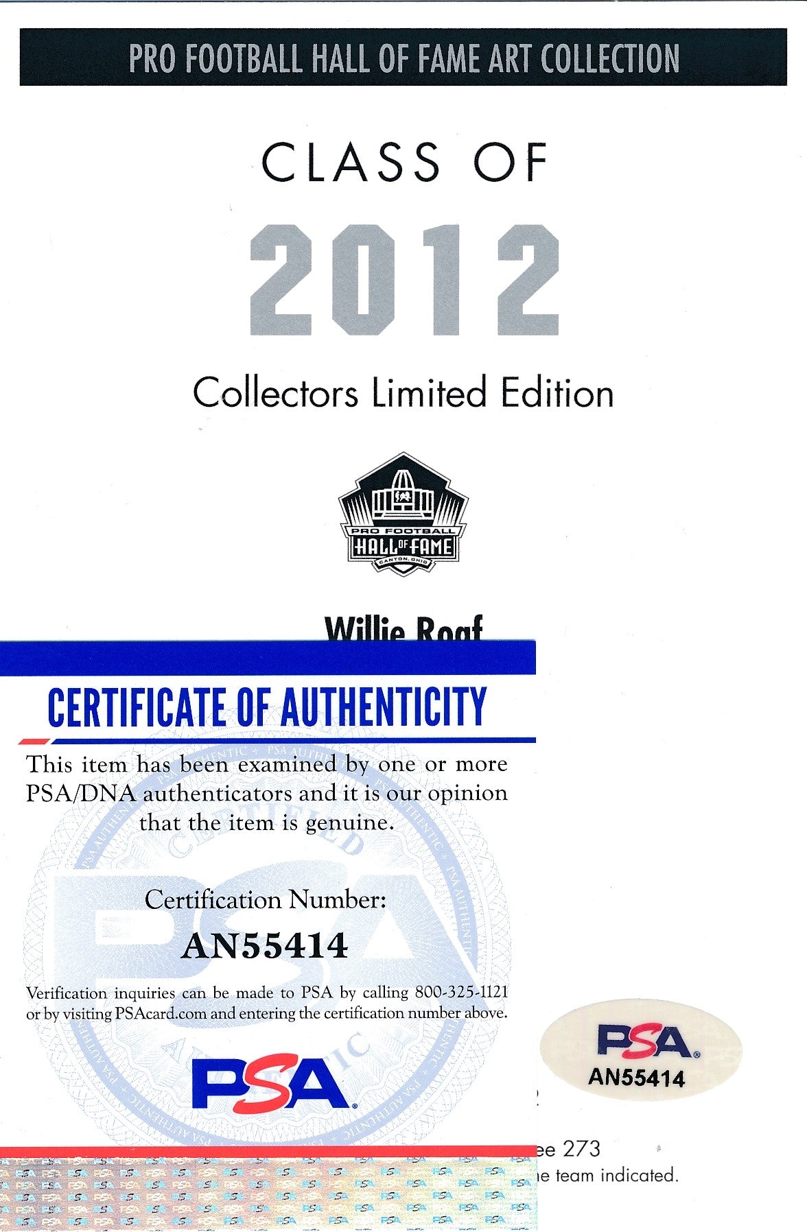 Willie Roaf Saints Signed/Inscr 2012 GLAC/Goal Line Art Postcard PSA/DNA 186323