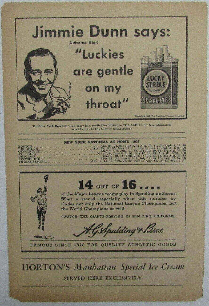1937 New York Giants MEL OTT vs. Brooklyn Dodgers Score Card 148922