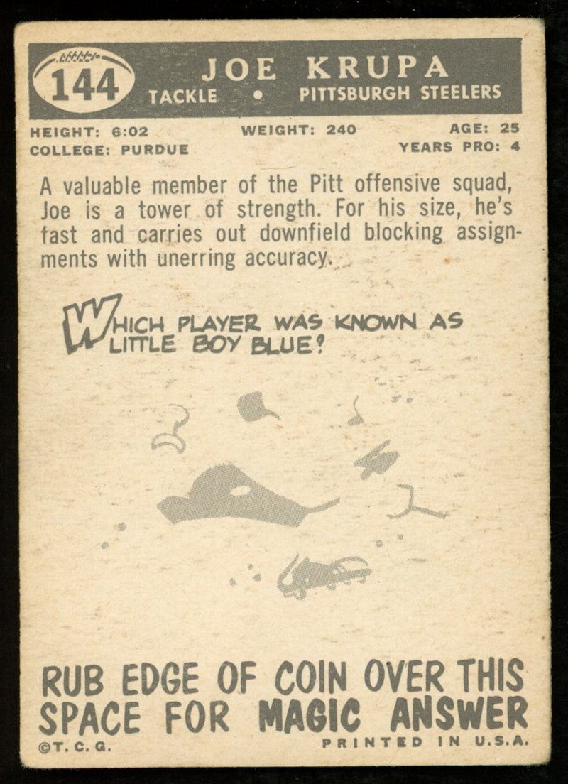 1959 TOPPS Football Card #144 Signed/Inscr Joe Krupa Pittsburgh Steelers