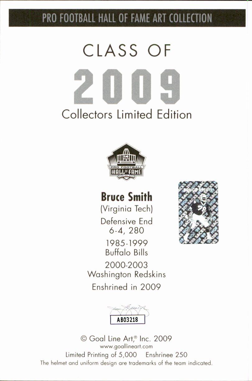 Bruce Smith HOF Bills Signed/Inscr Goal Line Art GLAC Postcard JSA 167107