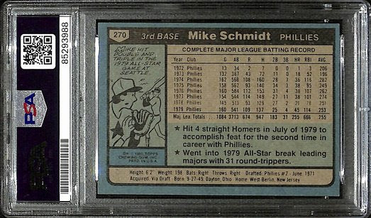 1979 Topps Mike Schmidt Phillies #270 Card Signed PSA/DNA GEM MINT 10 187939