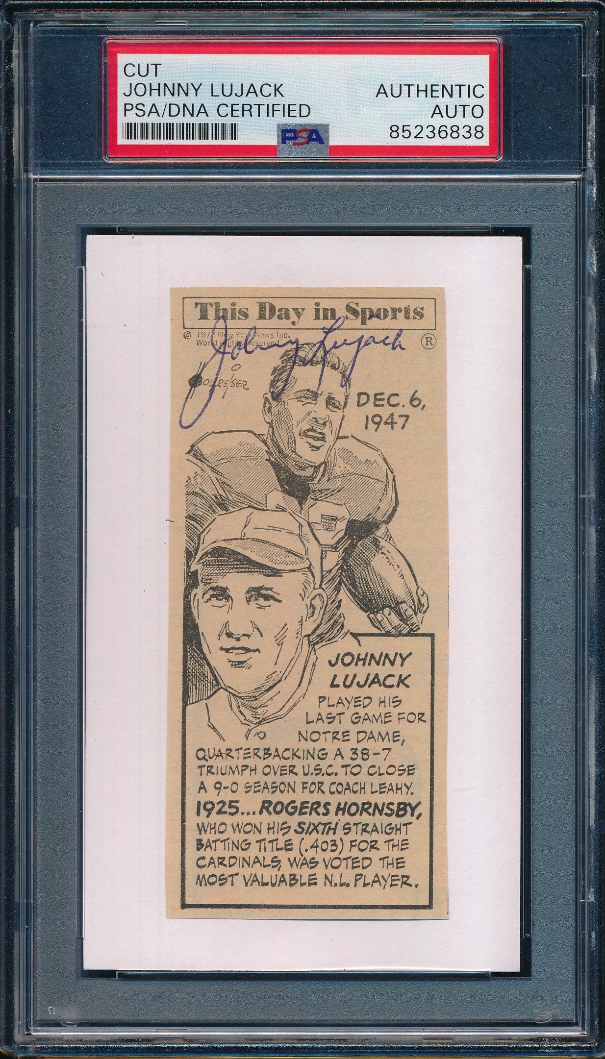 Johnny Lujack Signed Cut on 3x5 Card Notre Dame 1947 Heisman  PSA/DNA 188306