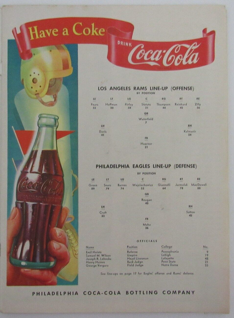 Vintage 1950 Philadelphia Eagles vs. Los Angeles Rams NFL Game Program